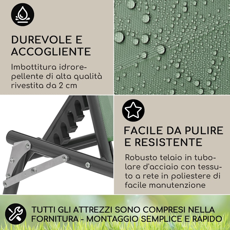 Amalfi lettino, 70 x 37 x 200 cm, parasole, schienale regolabile su 5 livelli, tubo d'acciaio, resistente alle intemperie Muschio