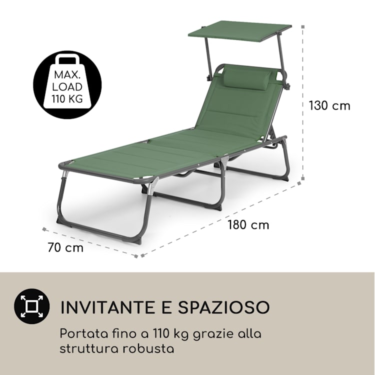 Amalfi lettino, 70 x 37 x 200 cm, parasole, schienale regolabile su 5 livelli, tubo d'acciaio, resistente alle intemperie Muschio