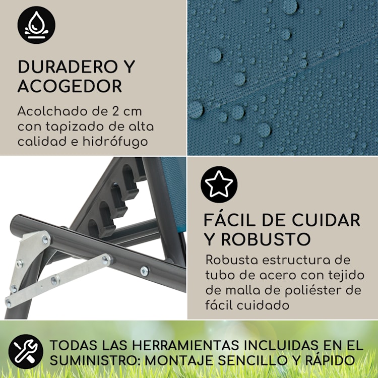 Tumbona Amalfi 70 x 37 x 200 cm Sombrilla de 5 peldaños Respaldo de acero tubular Resistente a la intemperie Azul Marino
