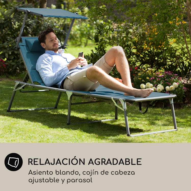 Tumbona Amalfi 70 x 37 x 200 cm Sombrilla de 5 peldaños Respaldo de acero tubular Resistente a la intemperie Azul Marino