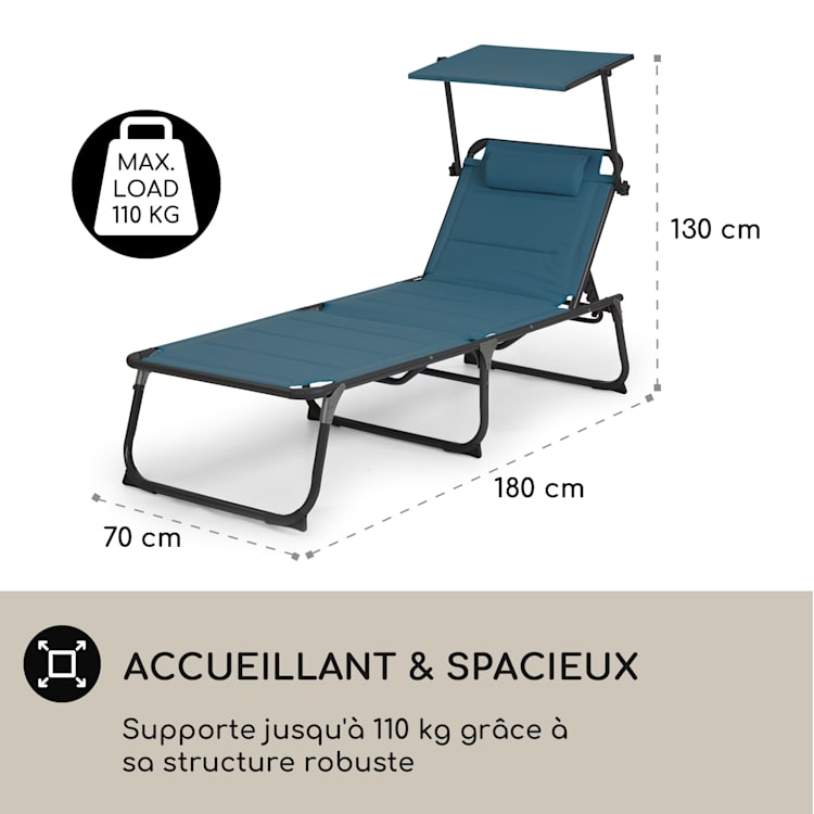 Amalfi chaise longue 70 x 37 x 200 cm Pare-soleil Dossier à 5 niveaux Tube d'acier résistant aux intempéries Bleu Océan