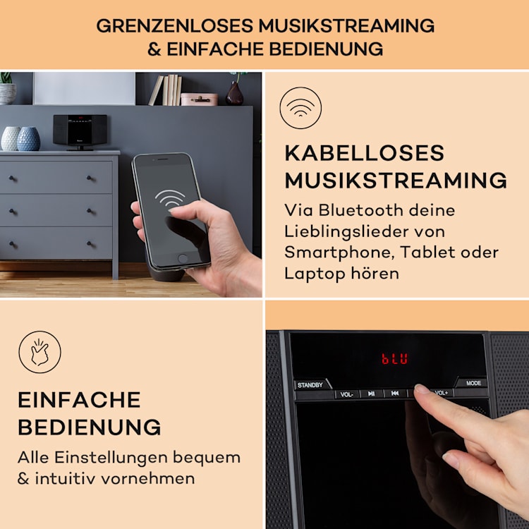 V14.2 Vertical-Stereoanlage CD FM Tuner BT USB AUX Schwarz