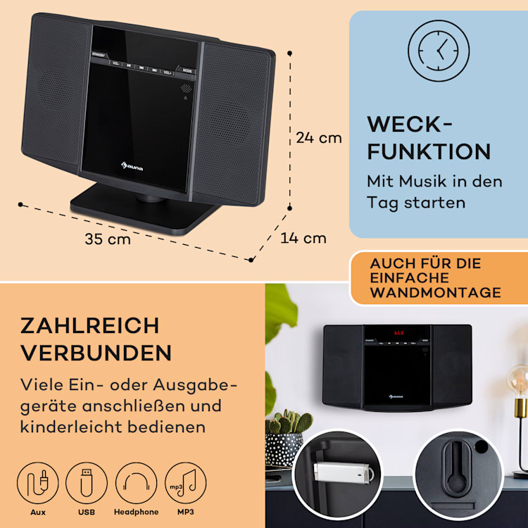 V14.2 Vertical-Stereoanlage CD FM Tuner BT USB AUX Schwarz