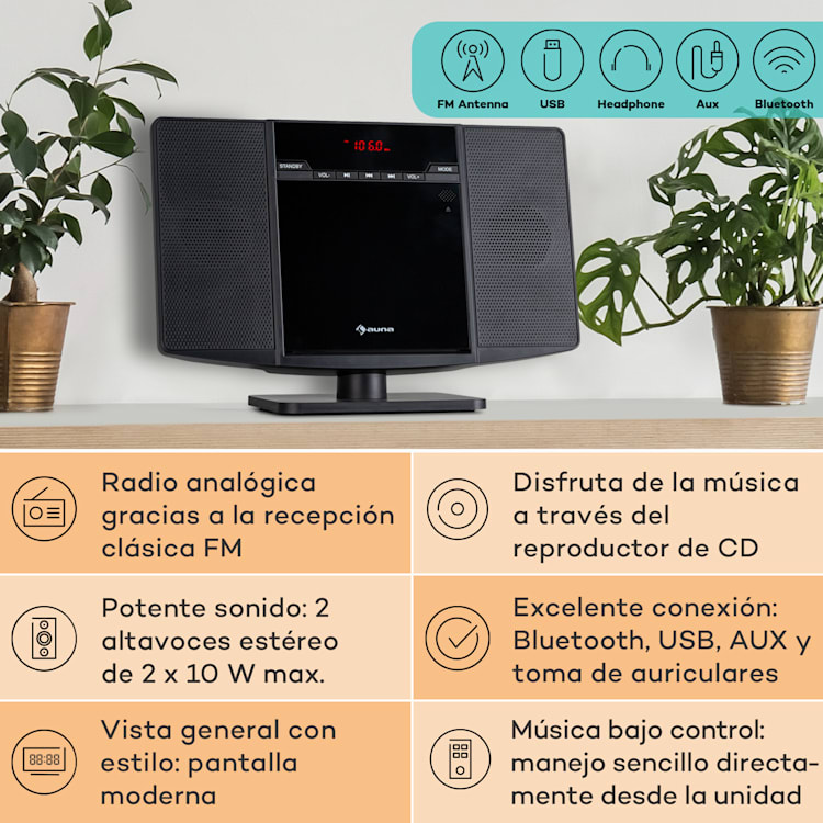 V14.2 Vertical Stereo CD FM Tuner BT USB AUX Negro