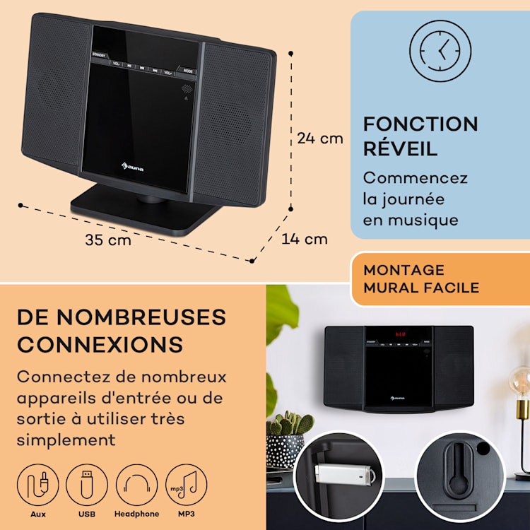 V14.2 verticale stereo-installatie CD FM tuner BT USB AUX Zwart
