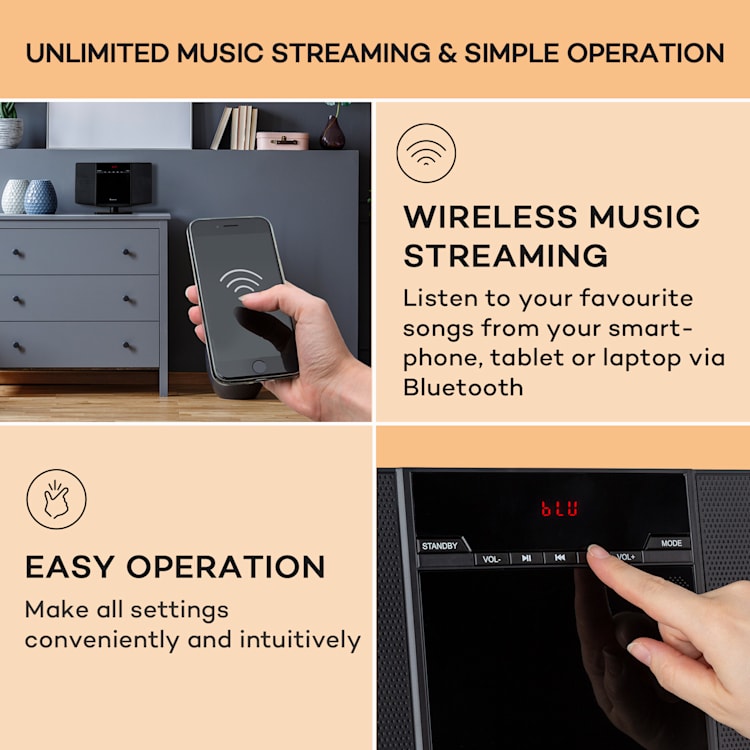 V14.2, vertikalni stereo sistem, CD, FM tuner, BT, USB, AUX Črna