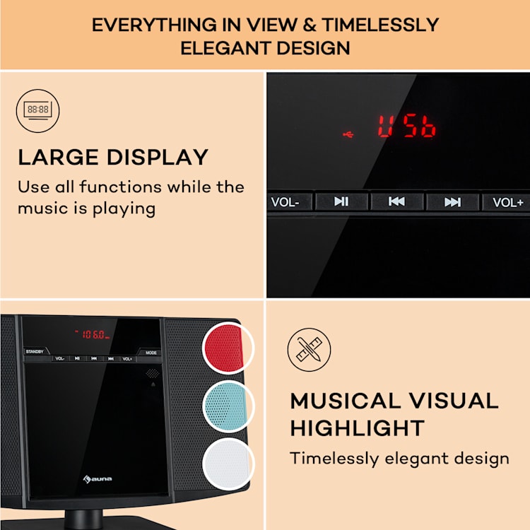 V14.2, vertikalni stereo sistem, CD, FM tuner, BT, USB, AUX Črna