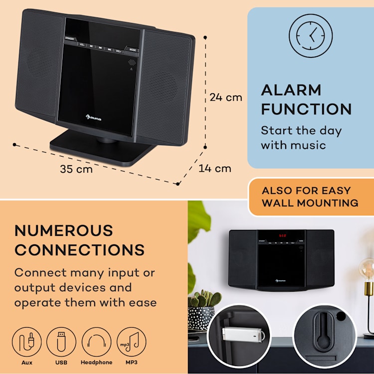 V14.2, vertikalni stereo sistem, CD, FM tuner, BT, USB, AUX Črna