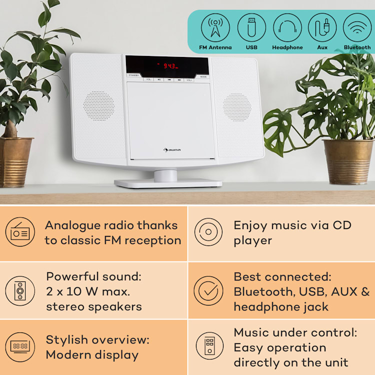 V14.2, vertikalni stereo sustav, CD, FM tuner, BT, USB, AUX BIjela