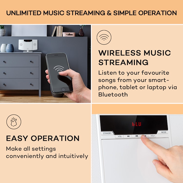 V14.2, vertikalni stereo sustav, CD, FM tuner, BT, USB, AUX BIjela