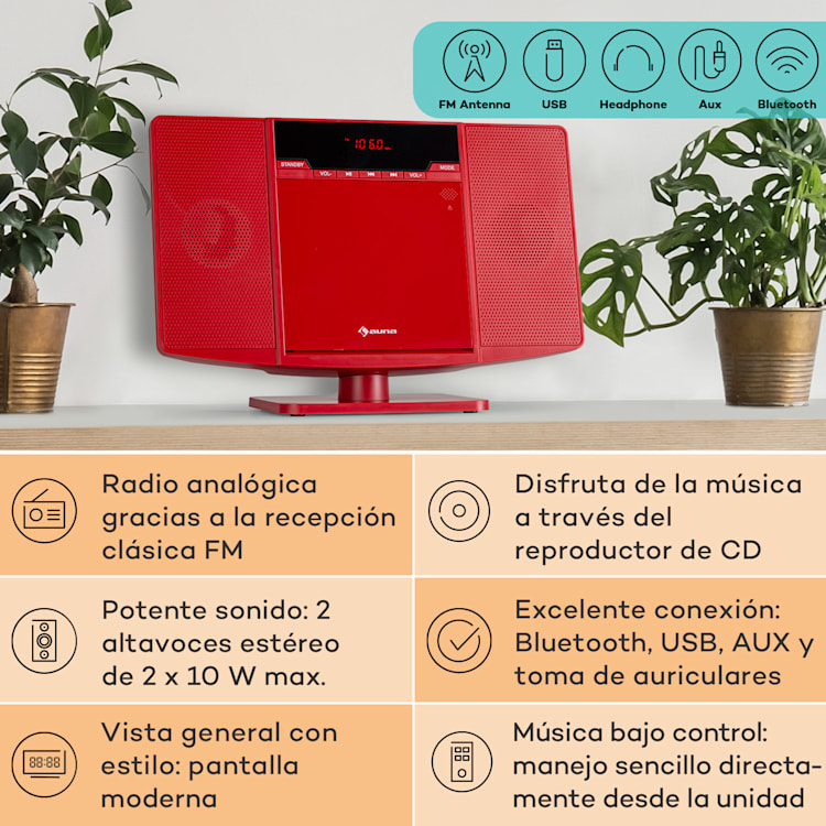V14.2 Vertical Stereo CD FM Tuner BT USB AUX Rojo