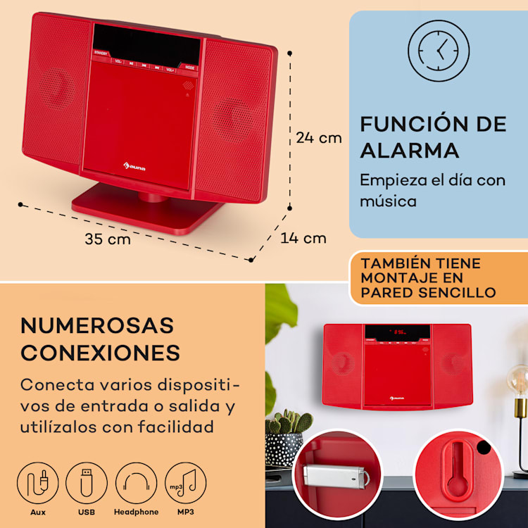 V14.2 Vertical Stereo CD FM Tuner BT USB AUX Rojo