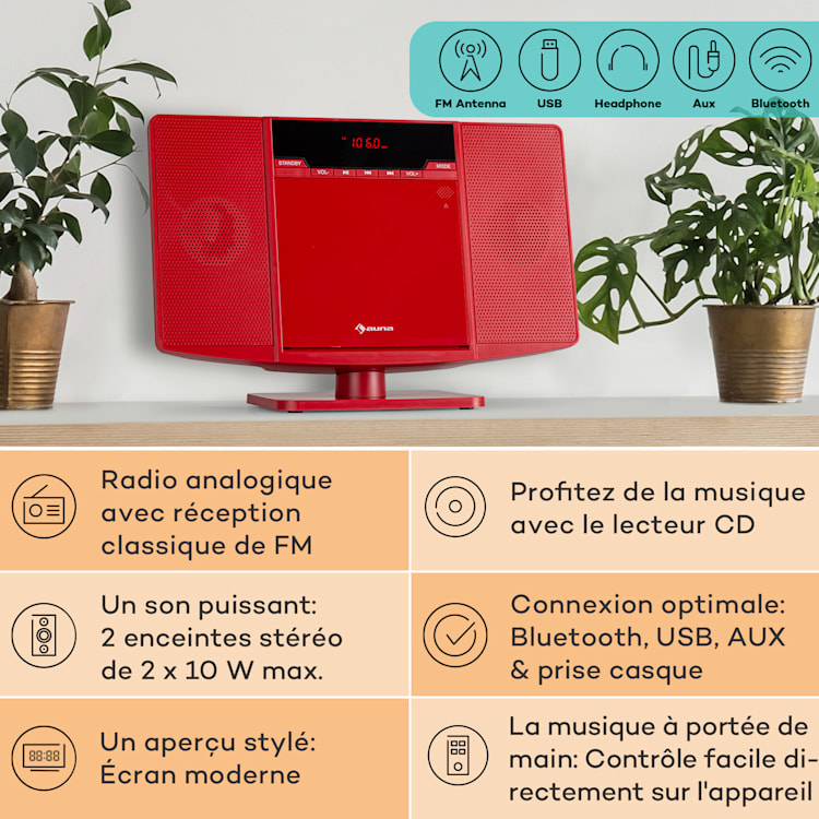 V14.2 verticale stereo-installatie CD FM tuner BT USB AUX Rood