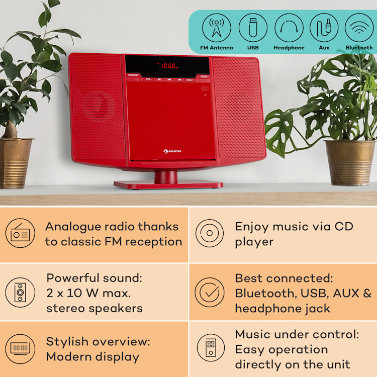 V14.2 Vertikal Stereoanläggning CD FM Tuner BT USB AUX Röd