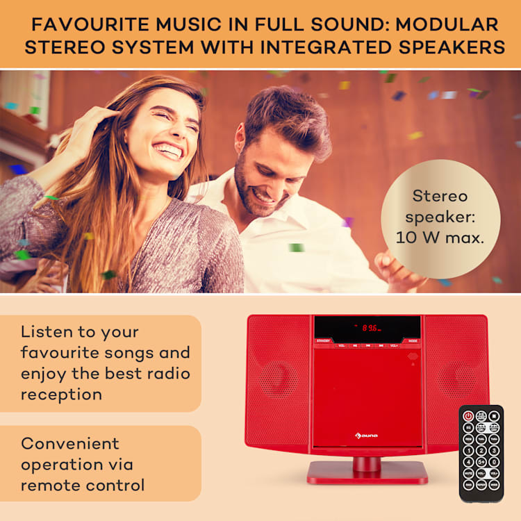 V14.2 Vertikal Stereoanläggning CD FM Tuner BT USB AUX Röd
