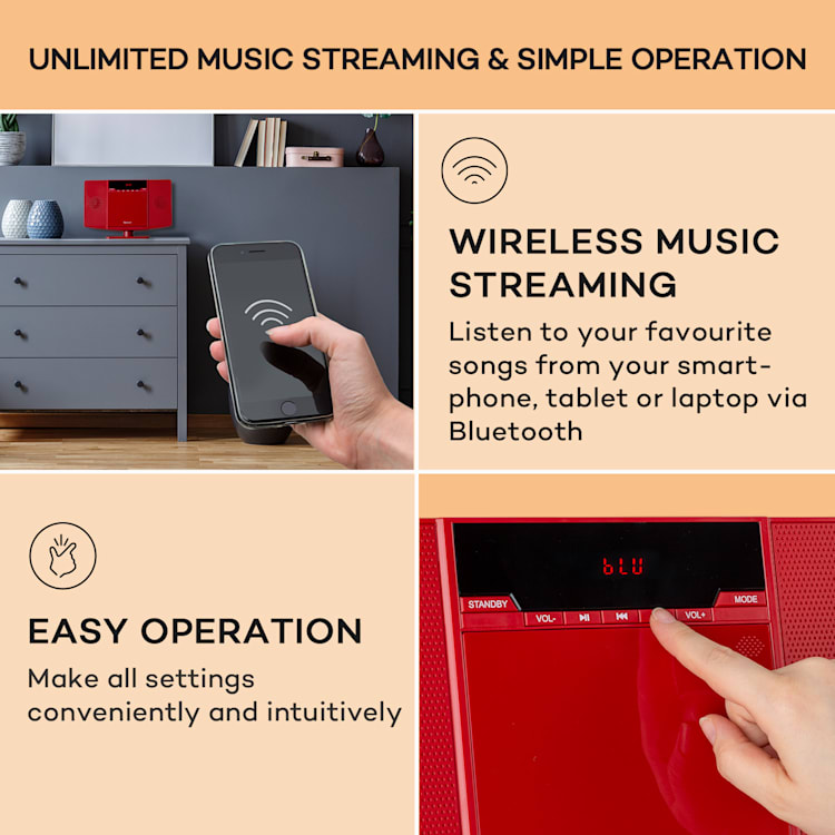 V14.2 Vertikal Stereoanläggning CD FM Tuner BT USB AUX Röd