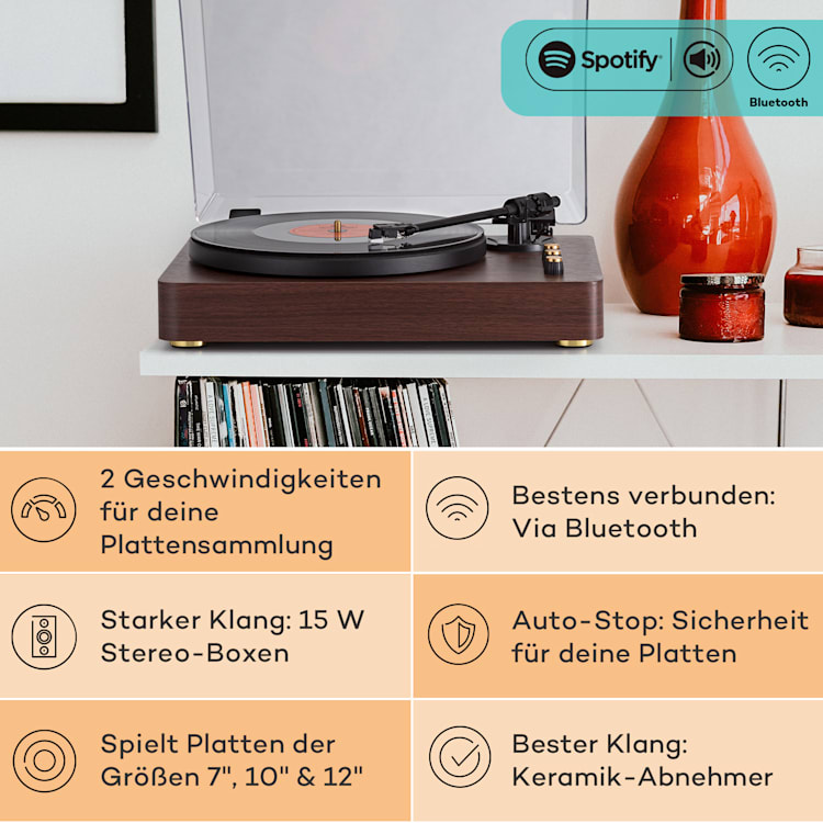 TT-Play Prime Plattenspieler Stereo Riemenantrieb 33 1/3 & 45 U/min Holz