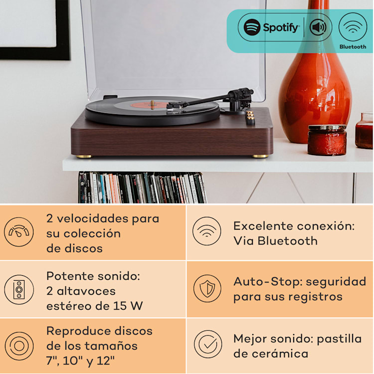 Tocadiscos TT-Play Prime con altavoz estéreo y transmisión por correa 33 1/3 y 45 rpm madera