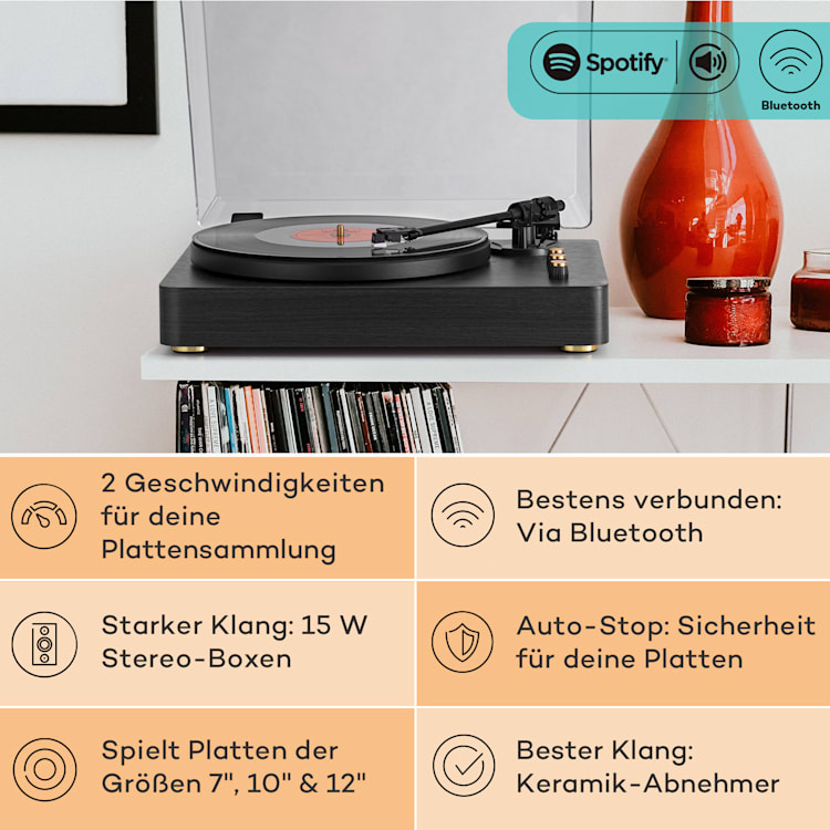 TT-Play Prime Plattenspieler Stereo-Lautsprecher Riemenantrieb 33 1/3 & 45 U/min Schwarz