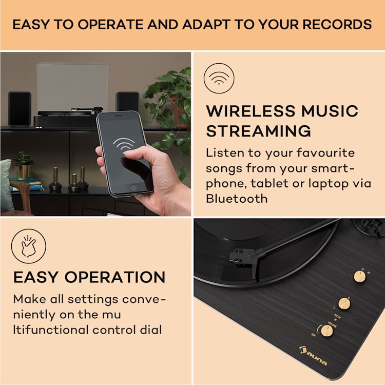 TT-Play Prime, gramofónový prehrávač, stereo reproduktory, remeňový pohon, 33 1/3 a 45 otáčok/minútu Čierna