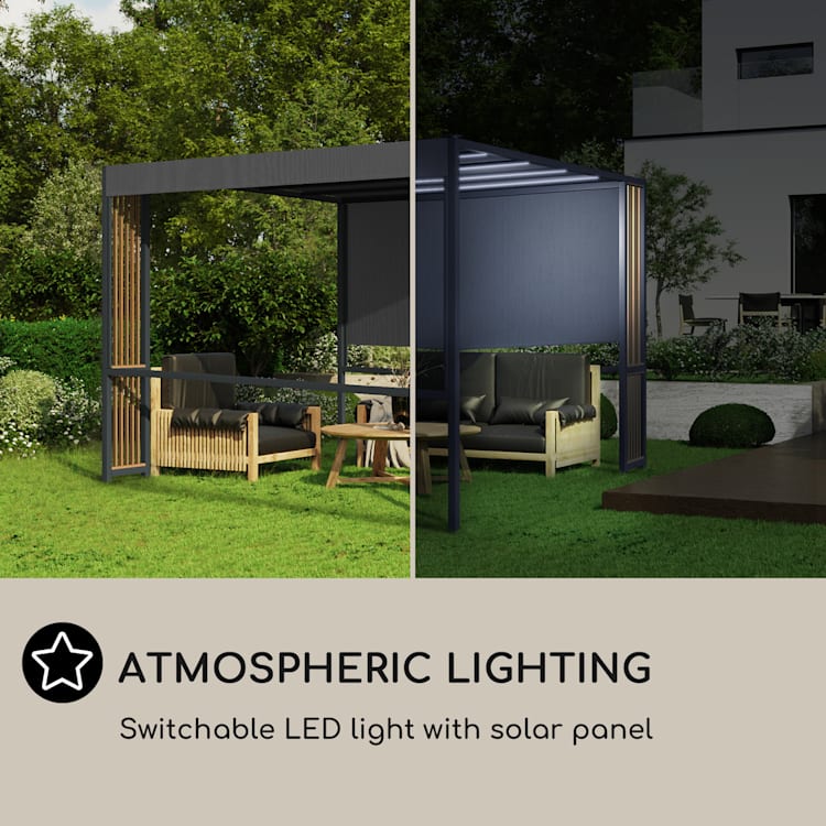 Valence, altánok, 3 x 3 m, UV50 +, vodu odpudivé, solárne LED osvetlenie, solárny panel Vertikálne vzpery | Šedá