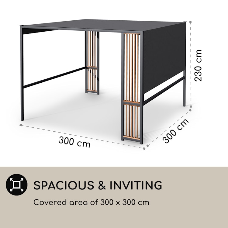Valence, altánok, 3 x 3 m, UV50 +, vodu odpudivé, solárne LED osvetlenie, solárny panel Vertikálne vzpery | Šedá