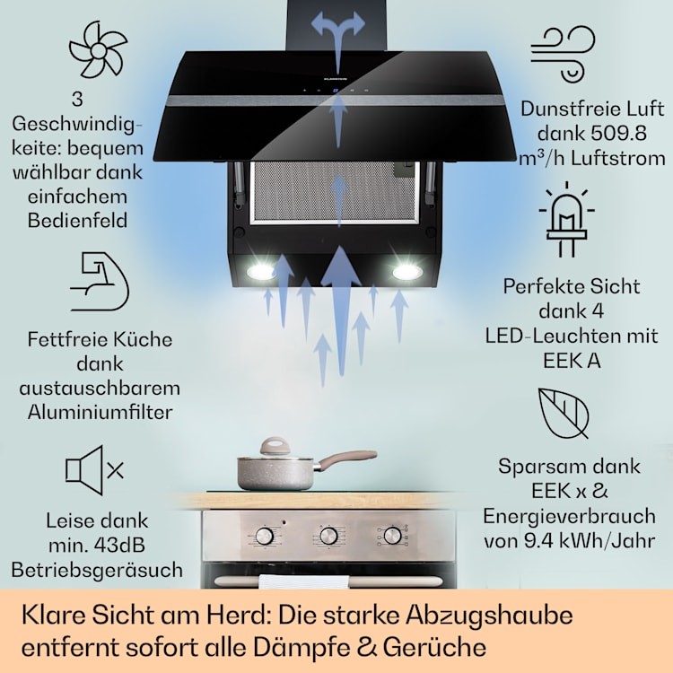 Clara 60 Dunstabzugshaube Glas 509 m³/h Touch Ambiente-Licht 60 cm | Schwarz