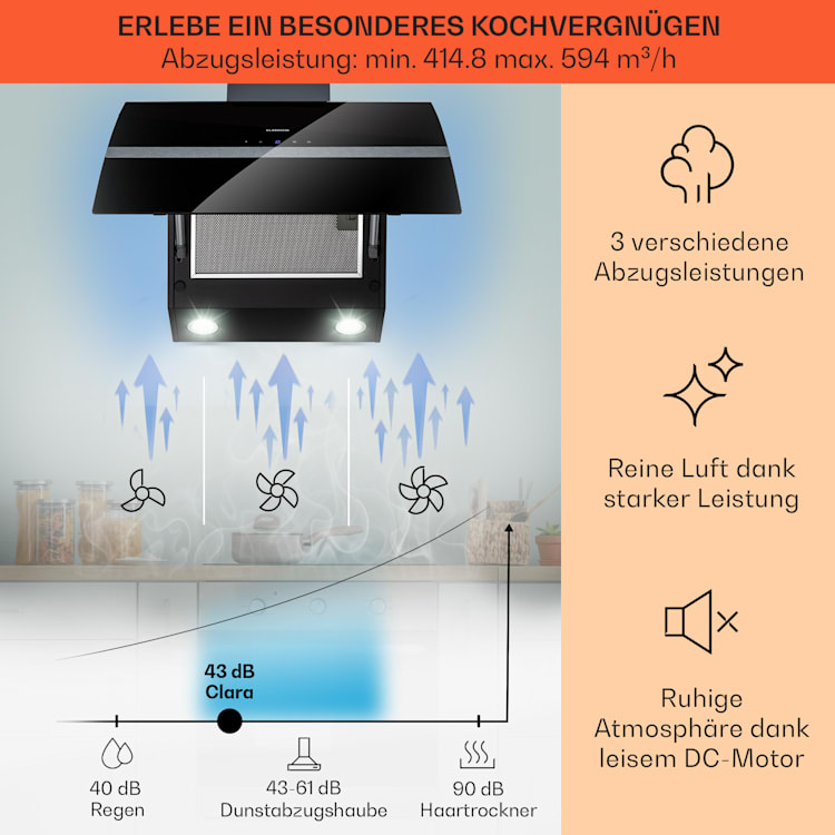 Clara 60 Dunstabzugshaube Glas 509 m³/h Touch Ambiente-Licht 60 cm | Schwarz
