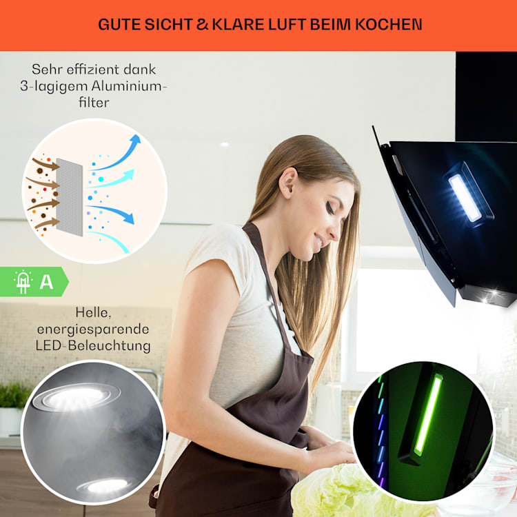 Clara 60 Dunstabzugshaube Glas 509 m³/h Touch Ambiente-Licht 60 cm | Schwarz