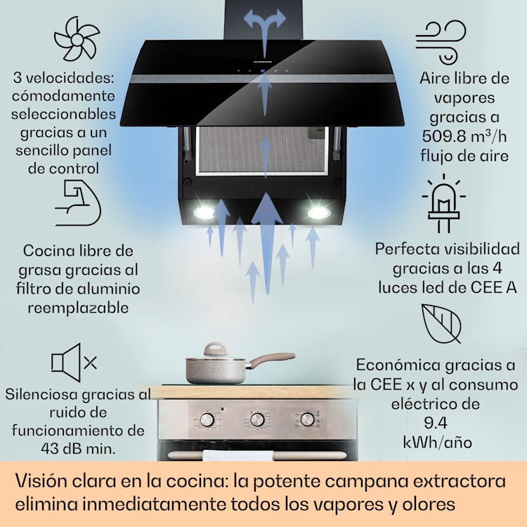 Clara 60 Campana extractora de vidrio 509 m³/h Luz ambiental táctil 60 cm | Negro