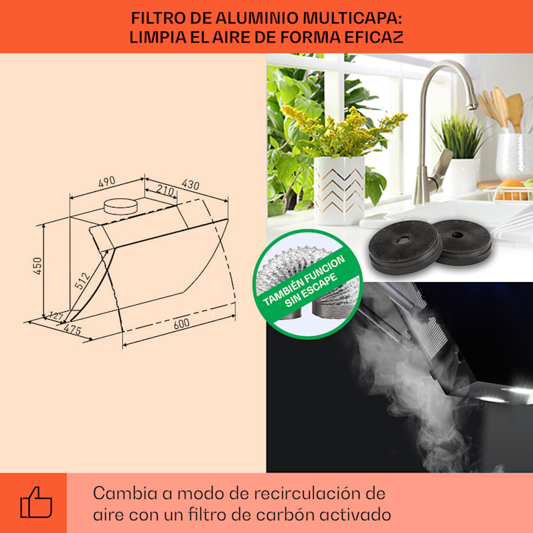 Clara 60 Campana extractora de vidrio 509 m³/h Luz ambiental táctil 60 cm | Negro
