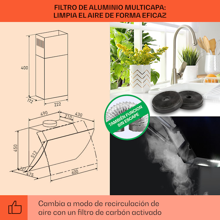 Clara 60 Campana extractora de vidrio 509 m³/h Luz ambiental táctil 60 cm | Negro