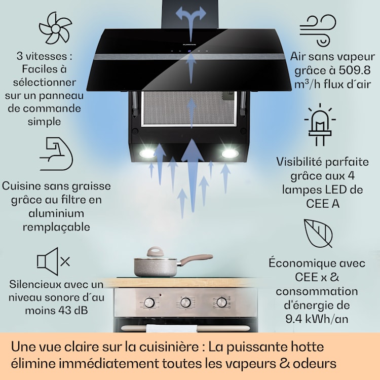 Clara 60 Afzuigkap glas 509 m³/h touch sfeerlicht 60 cm | Zwart