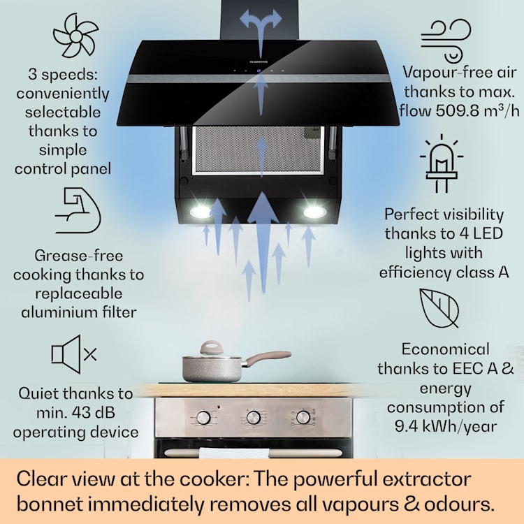 Clara 60 Exaustor Vidro 509 m³/h Touch Luz ambiente 60 cm | Preto