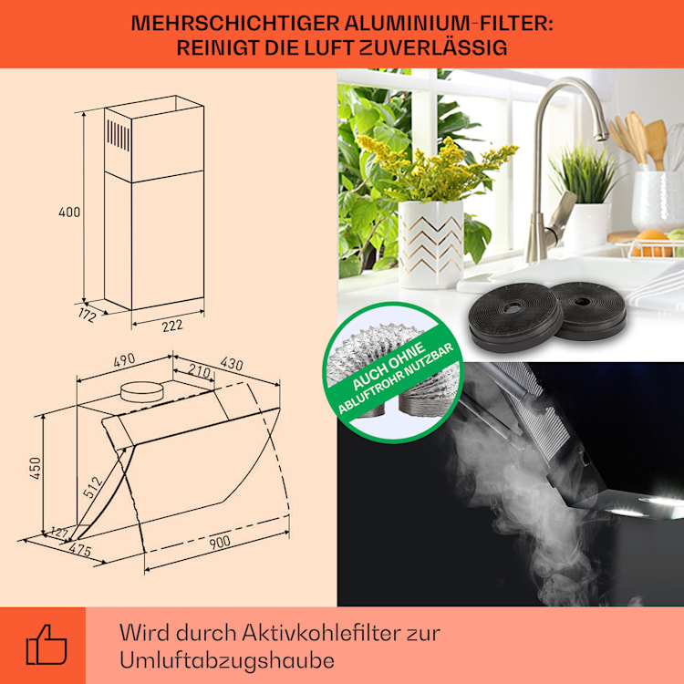 Clara 90 Dunstabzugshaube Glas 509 m³/h Touch Ambiente-Licht 90 cm | Schwarz