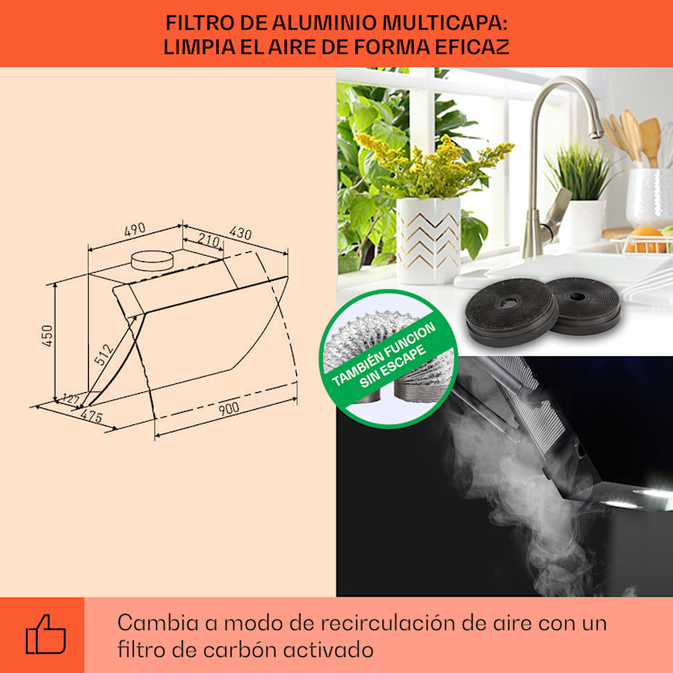 Clara 90 Campana extractora de vidrio 509 m³/h Luz ambiental táctil 90 cm | Negro
