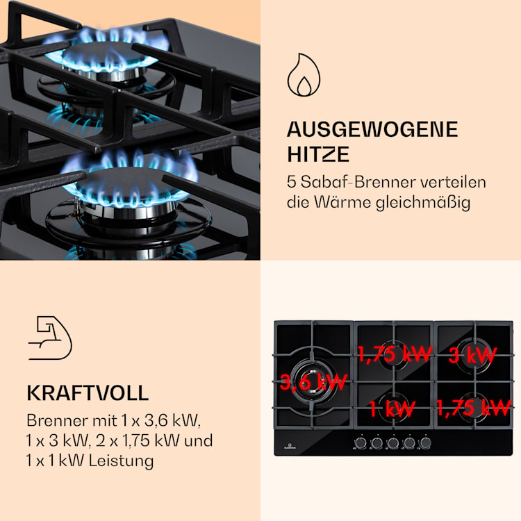 Ignito Chef Edition 5 Zonen Gaskochfeld 5-flammig Sabaf-Brenner Glaskeramik 5 Brenner | Schwarz