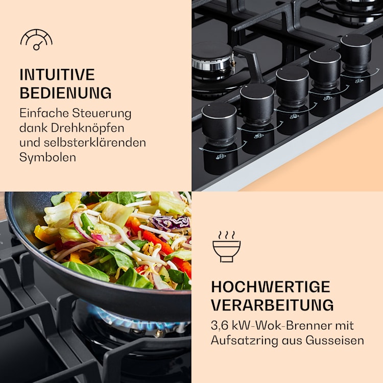 Ignito Chef Edition 5 Zonen Gaskochfeld 5-flammig Sabaf-Brenner Glaskeramik 5 Brenner | Schwarz