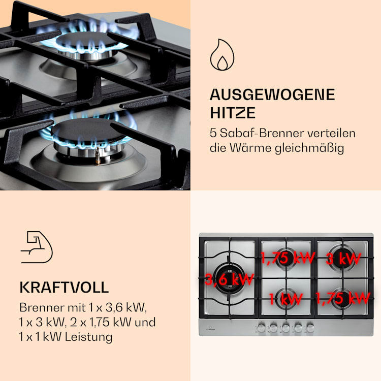 Ignito Chef Edition 5 Zonen Gaskochfeld 5-flammig Sabaf-Brenner Glaskeramik 5 Brenner | Silber