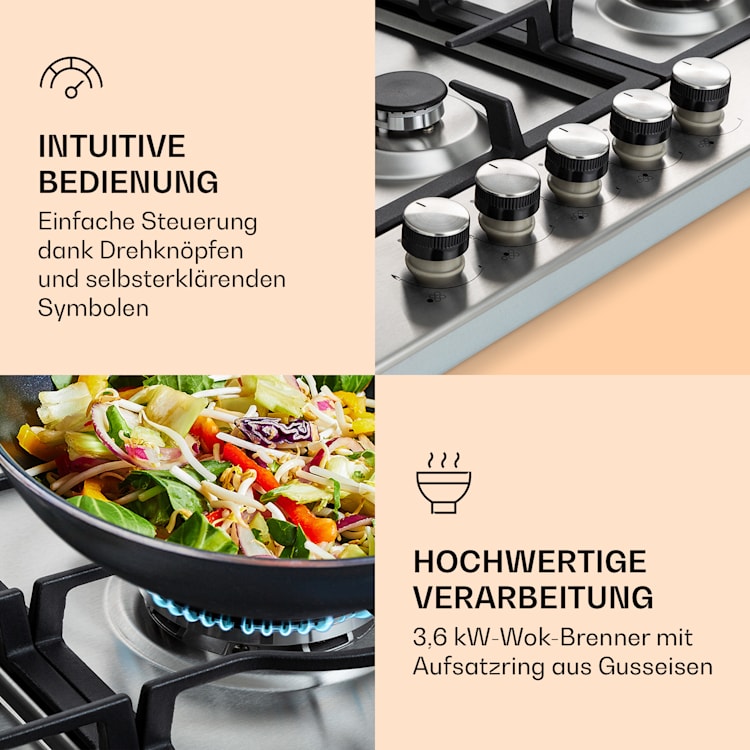 Ignito Chef Edition 5 Zonen Gaskochfeld 5-flammig Sabaf-Brenner Glaskeramik 5 Brenner | Silber