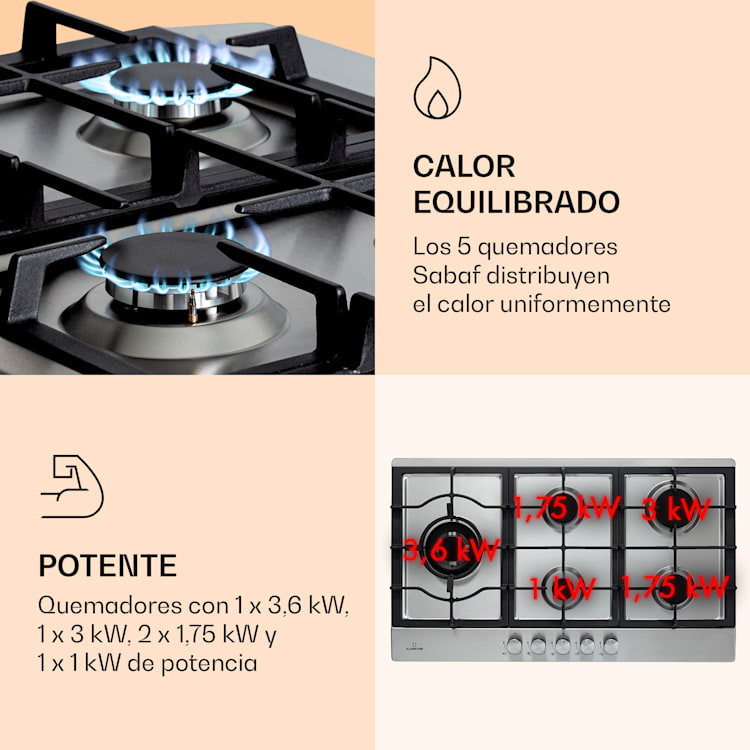 Ignito Chef Edition placa de gas de 5 zonas 5 quemadores Sabaf vitrocerámica 5 fogones | Plata