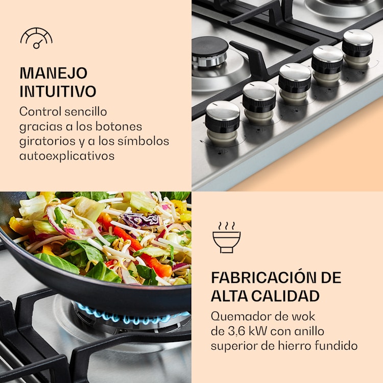 Ignito Chef Edition placa de gas de 5 zonas 5 quemadores Sabaf vitrocerámica 5 fogones | Plata