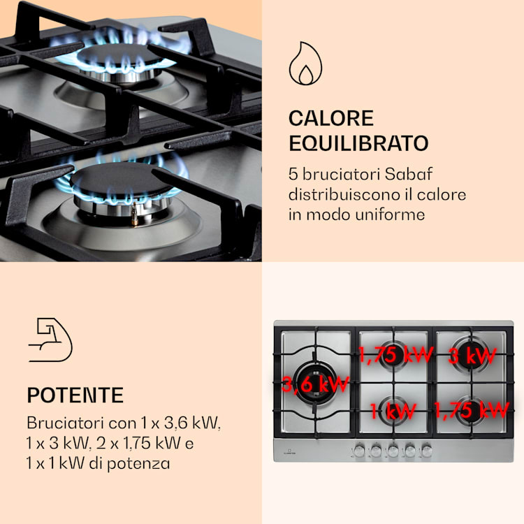 Ignito Chef Edition - Piano cottura a gas, 5 zone, 5 fuochi, bruciatori Sabaf, vetroceramica 5 bruciatori | Argento