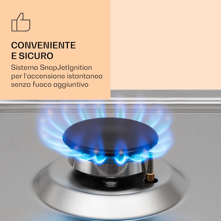 Ignito Chef Edition - Piano cottura a gas, 5 zone, 5 fuochi, bruciatori Sabaf, vetroceramica 5 bruciatori | Argento
