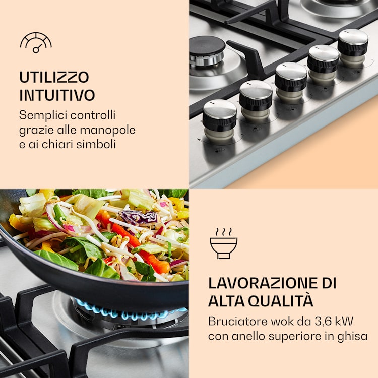 Ignito Chef Edition - Piano cottura a gas, 5 zone, 5 fuochi, bruciatori Sabaf, vetroceramica 5 bruciatori | Argento