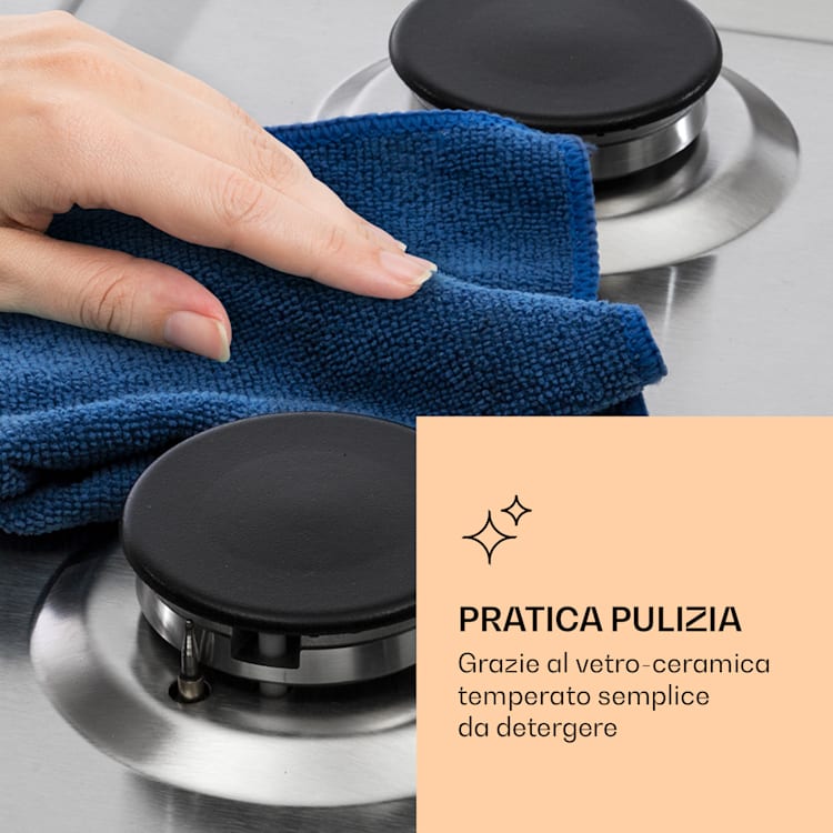 Ignito Chef Edition - Piano cottura a gas, 5 zone, 5 fuochi, bruciatori Sabaf, vetroceramica 5 bruciatori | Argento