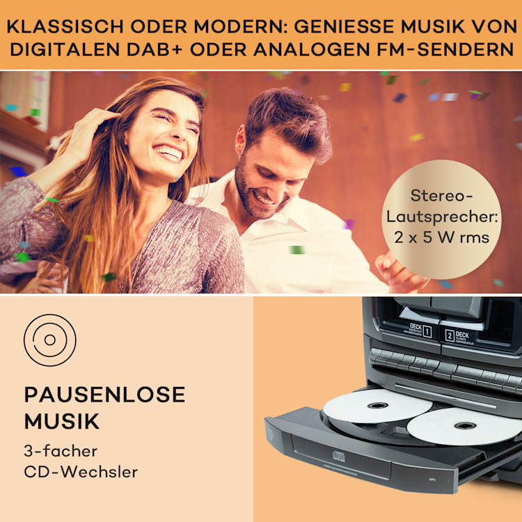 Franklin Stereoanlage Plattenspieler 3-fach-CD-Player BT Kassetten AUX USB-Port Silber
