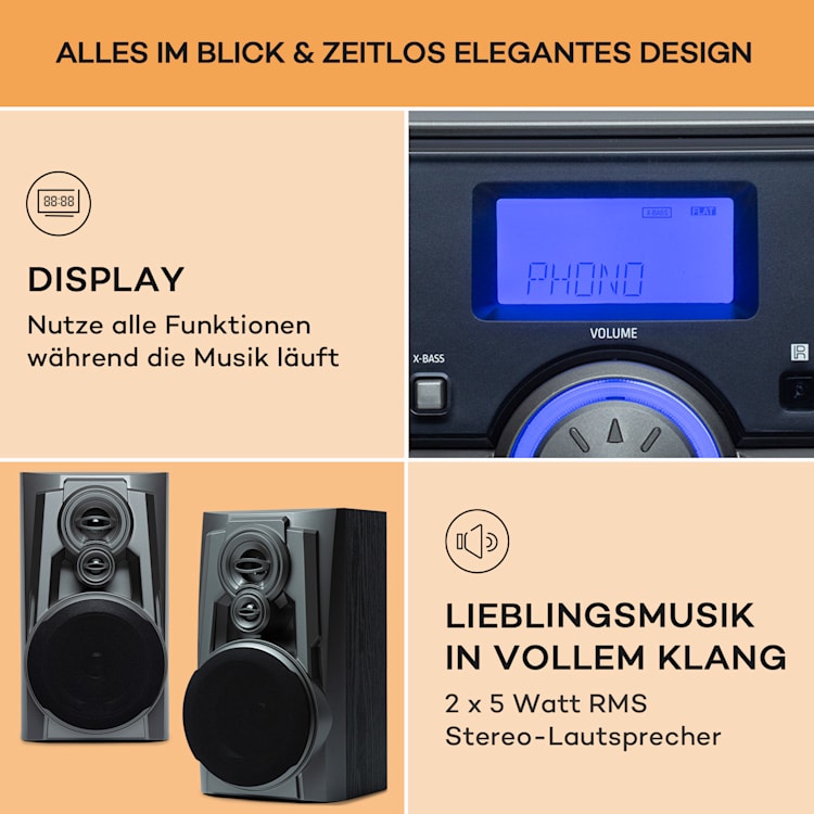 Franklin Stereoanlage Plattenspieler 3-fach-CD-Player BT Kassetten AUX USB-Port Silber