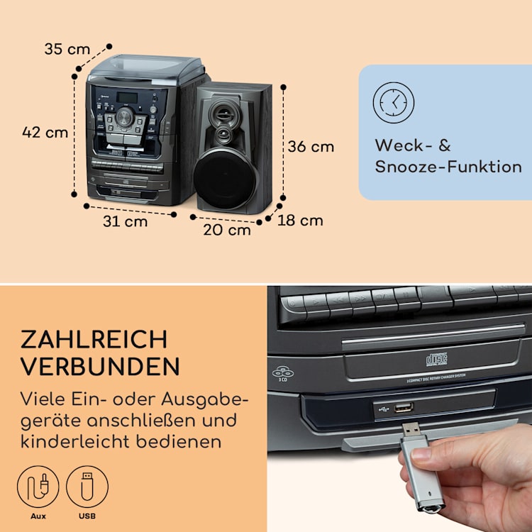 Franklin Stereoanlage Plattenspieler 3-fach-CD-Player BT Kassetten AUX USB-Port Silber