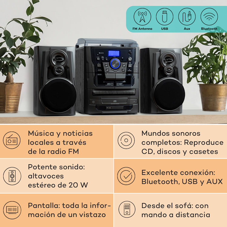 Franklin Sistema estéreo Tocadiscos Triple CD BT Casetes AUX Puerto USB Plata
